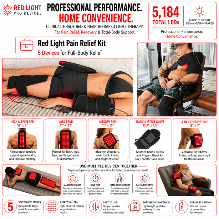 Red Light Pain Relief Kit – 5 Powerful Devices for Full-Body Relief- 5,184 Total LEDs